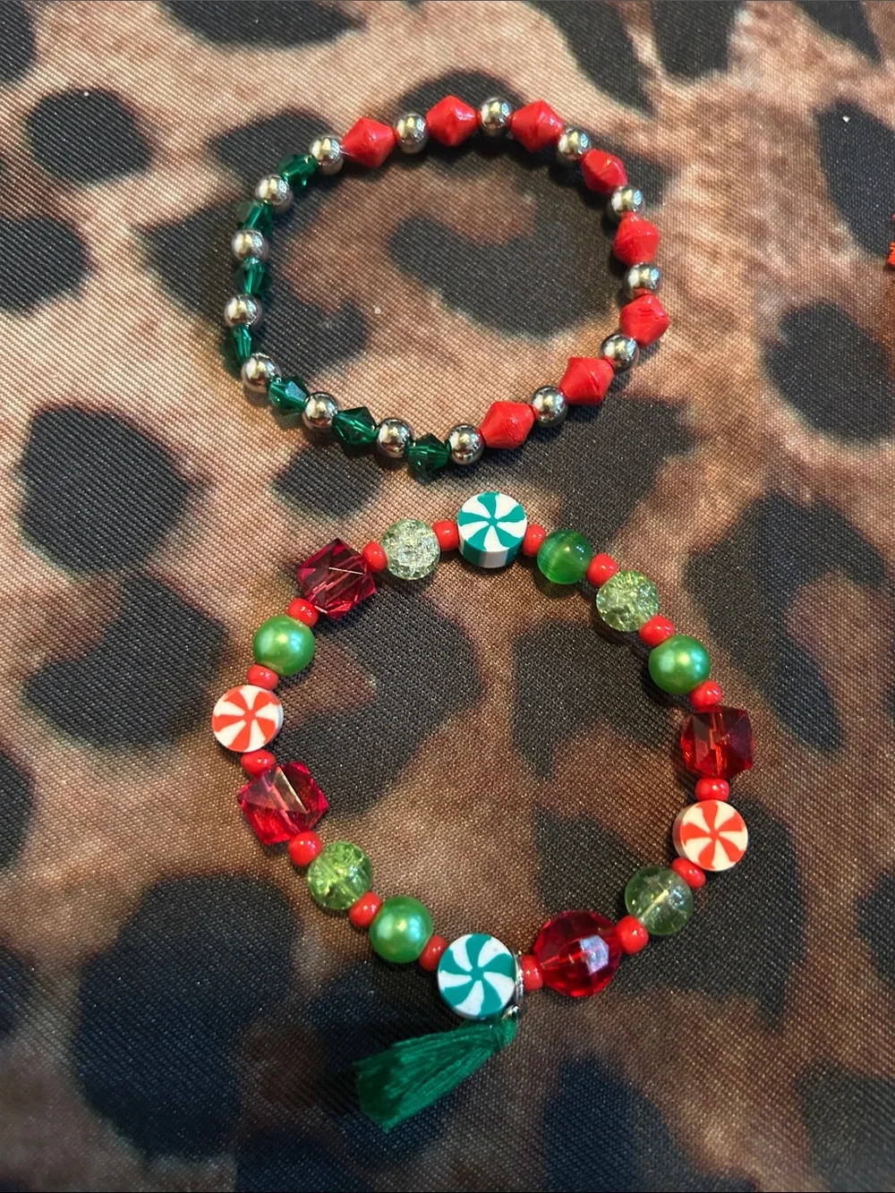 Hand Crafted Red, Green and Silver Festive Bead Bracelets with Green Tassel